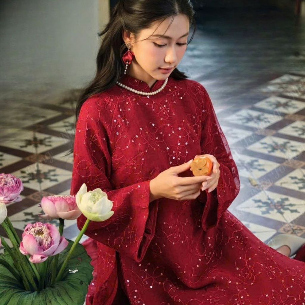 KIM SA 4 แผงโมเดิร์นตรง ao dai ชีฟองผ้าไหมปักลายประกายหรูหรา และกางเกงผ้าไหม JERRY DESIGNER