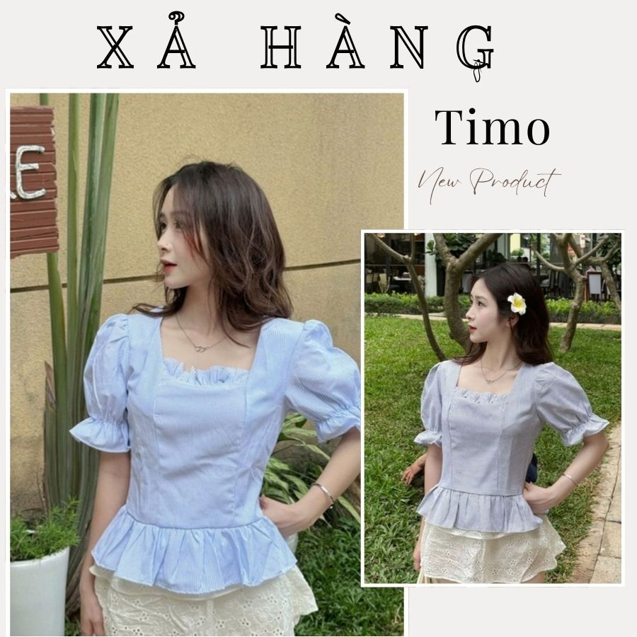 Timo เสื้อเบลาส์ผู้หญิงแขนพัฟและคอสี่เหลี่ยมเลดี้น่ารักเจ้าหญิงเกาหลี peplum เสื้อ aot015