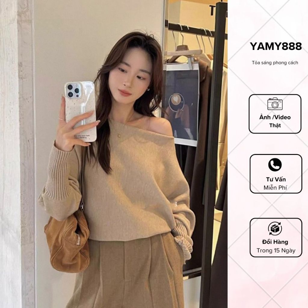เสื้อสเวตเตอร์เปิดไหล่สีทึบพื้นฐานสไตล์เกาหลี Al0047 - Yamy888