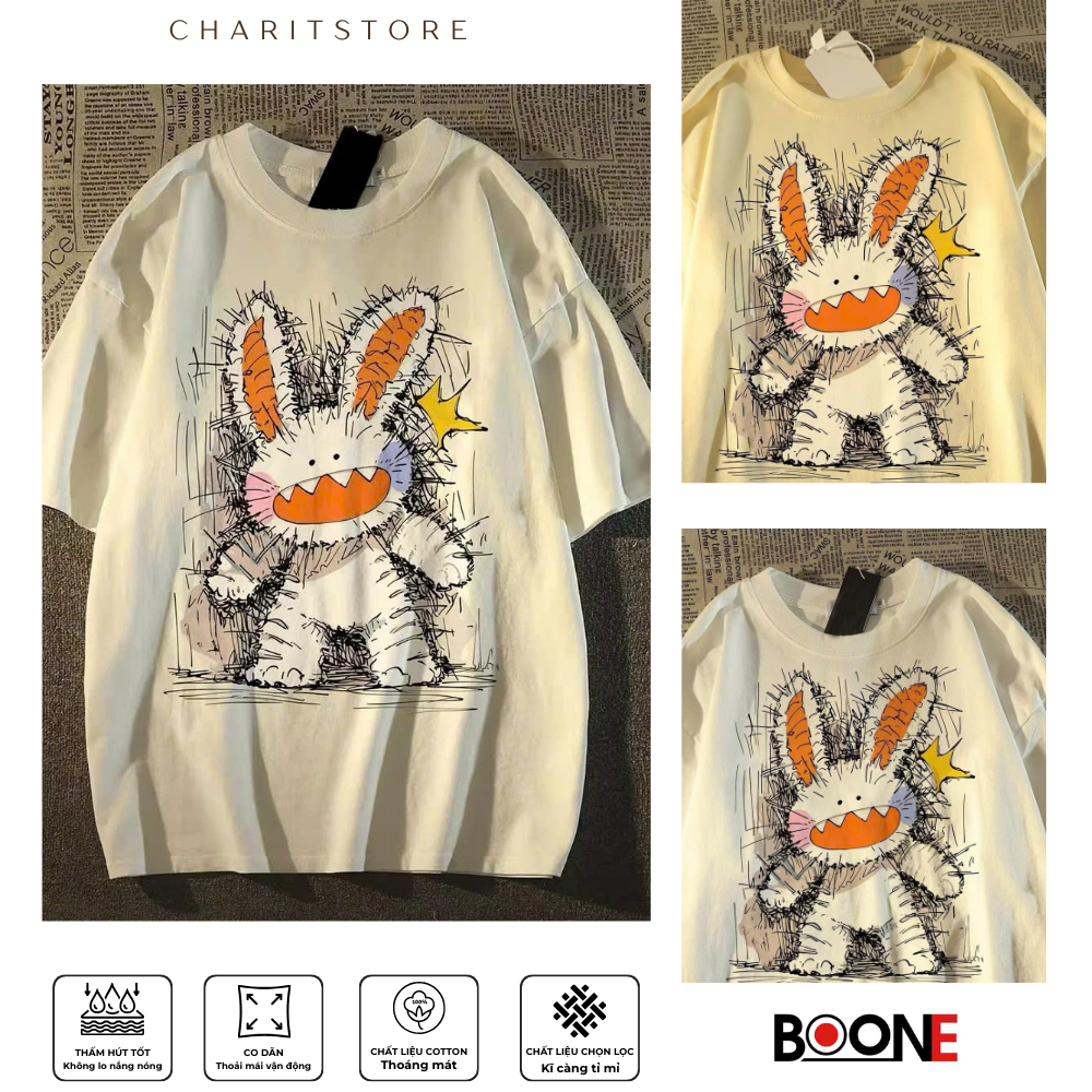 เสื้อยืด Unisex สําหรับผู้ชายและผู้หญิงพิมพ์ลายกระต่ายน่ารัก ผ้าคอตตอน 100% - BOONE - BNE00024