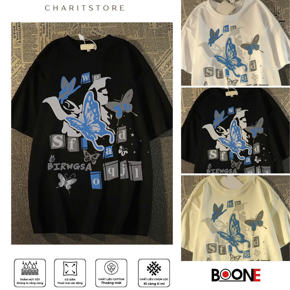 เสื้อยืด Unisex สําหรับผู้ชายและผู้หญิงพิมพ์ลายผีเสื้อ wg ผ้าคอตตอน 100% - BOONE - BNE00023