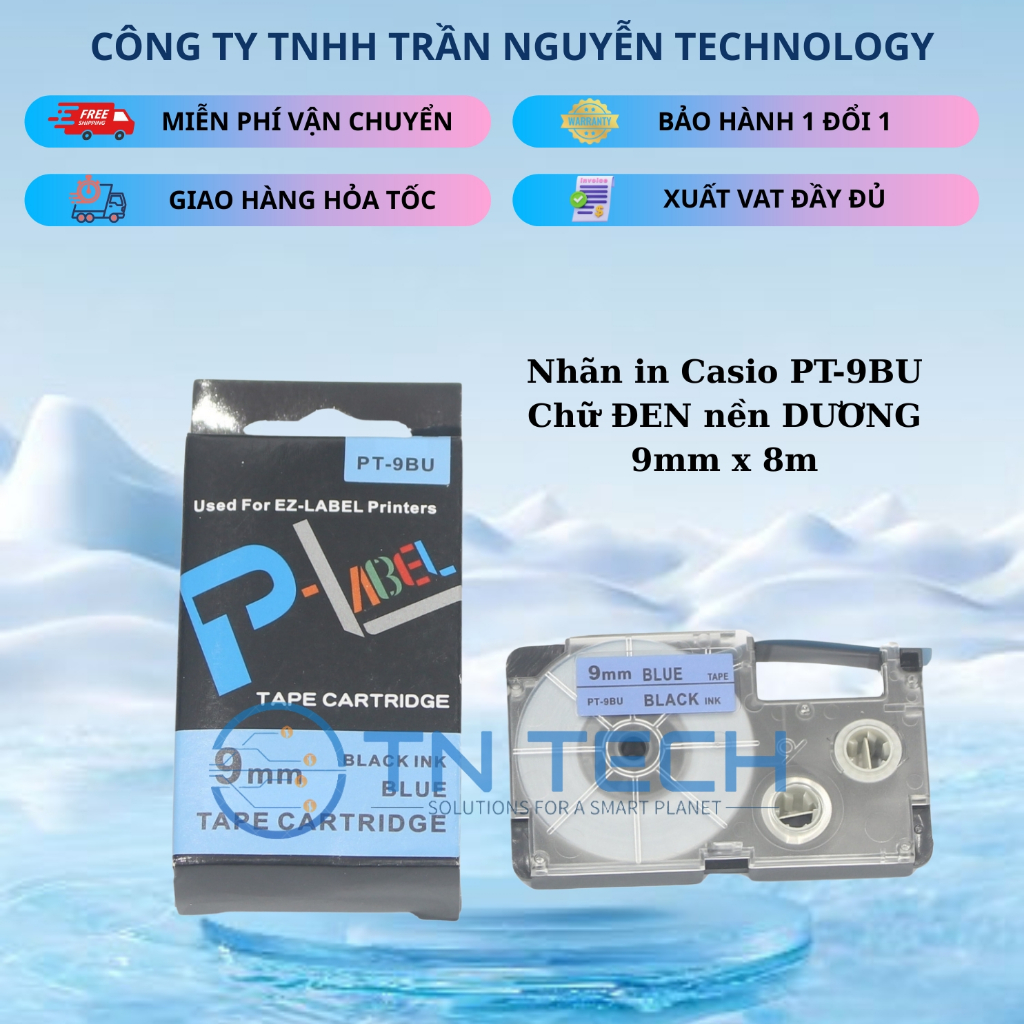 CASIO PT-9BU PRINTED LABEL – BLACK LETTERS บน OCEAN BACKGROUND 9MM X 8M