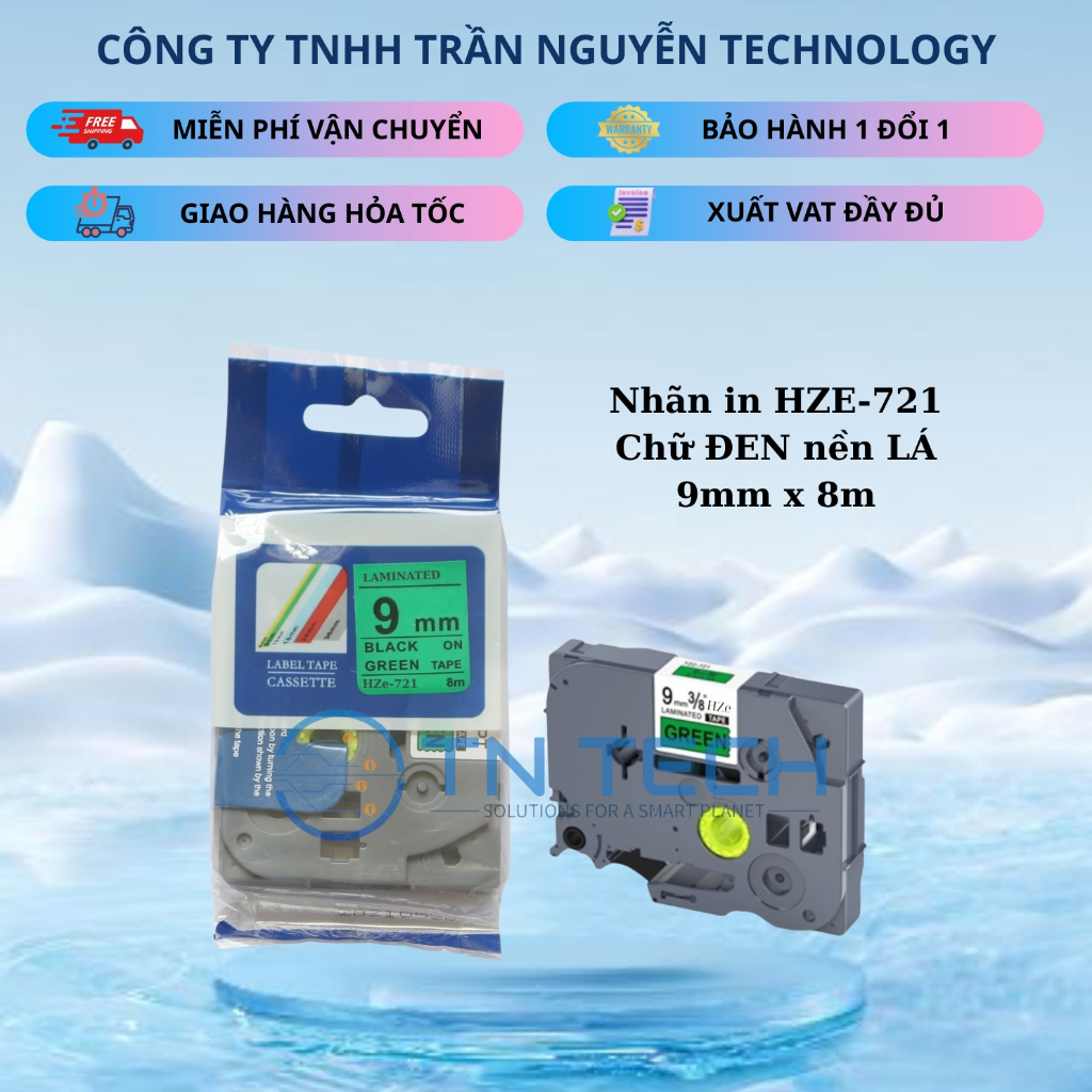 HZe-721 Brother Printing Label - สีดําบนพื้นเขียว 9mm x 8m