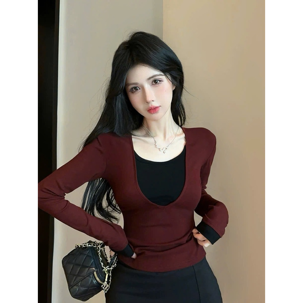 BEAUTIFUL RED FALL-Winter LONG-Sleeve Square Collar Shirt FT73