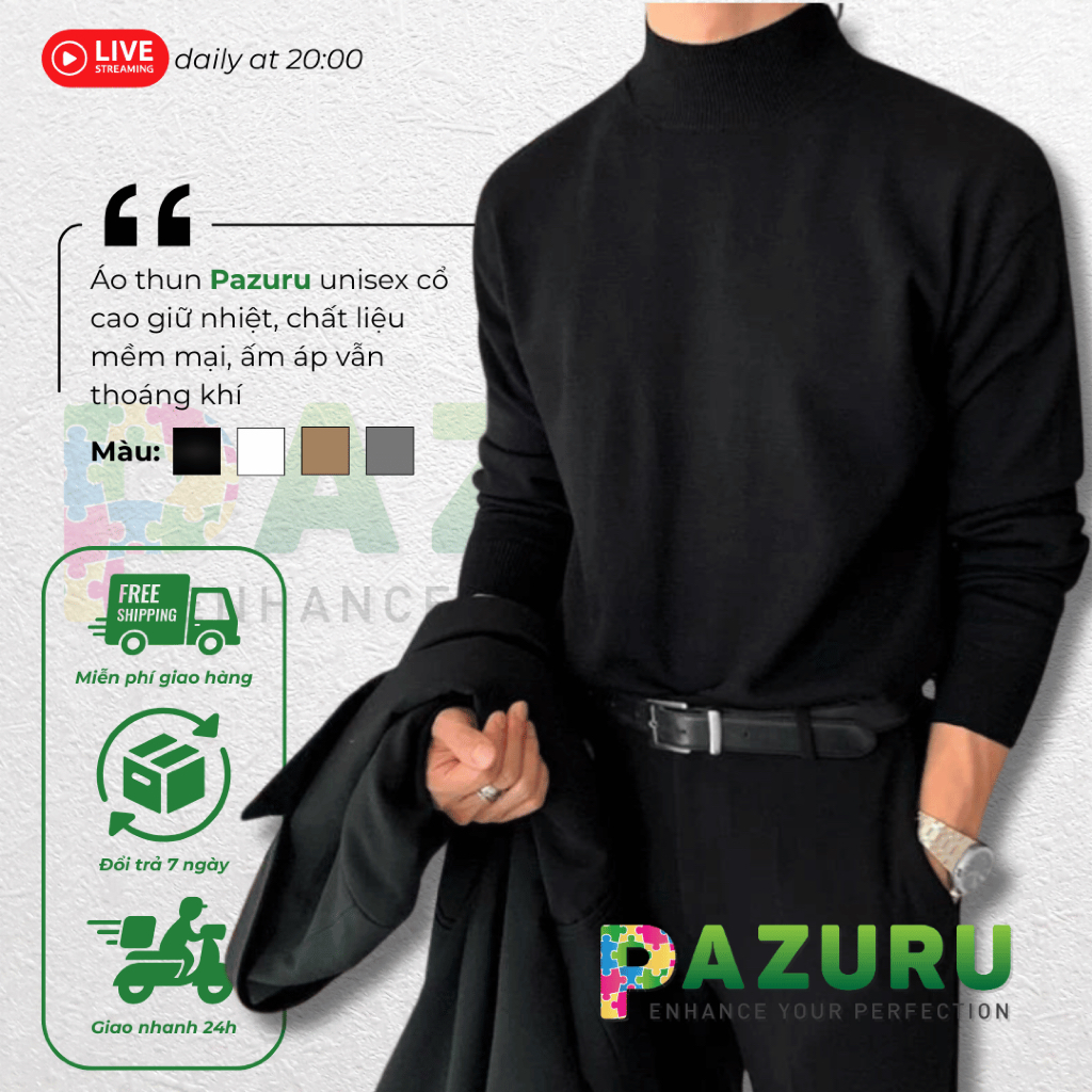 PAZURU เสื้อยืด unisex VIA คอปกสูงและแขนยาว เข้ารูป Menswear