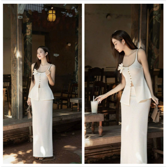 DAY CHIC - เดรสยาวแขนกุดติดกระดุมแฟชั่นสูง