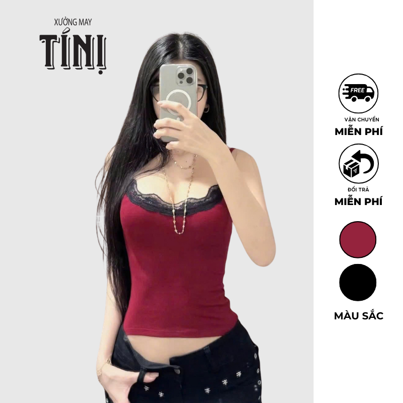 Ti Ni Garment Factory_เสื้อเชิ้ต 2 สายคอเหลี่ยม แต่งลูกไม้ผ่ากลางนุ่มเนียน ลูกฟูก v1 Women (บาง)_XUO