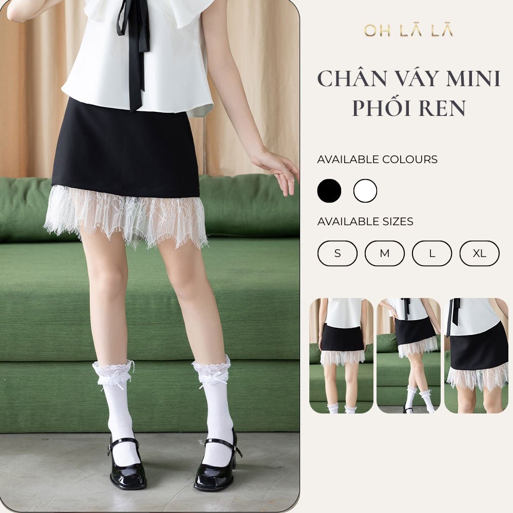 (OHLALA) กระโปรงลูกไม้สั้น 2 สีสําหรับผู้หญิงสีดําและสีขาว, กระโปรงสํานักงานพิกัดง่าย