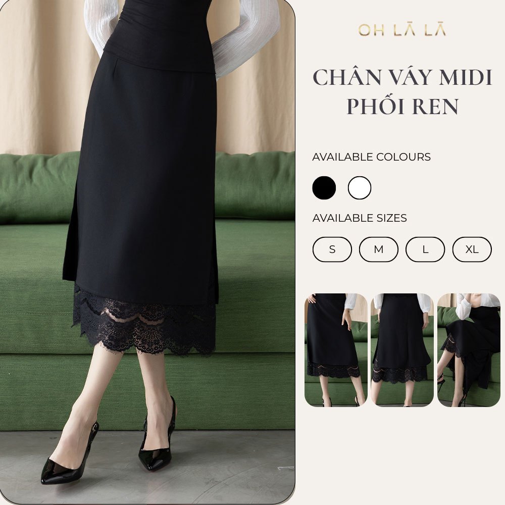 (OHLALA) กระโปรงยาว Midi ลูกไม้สีดําหรูหรา กระโปรงสีดําสํานักงาน