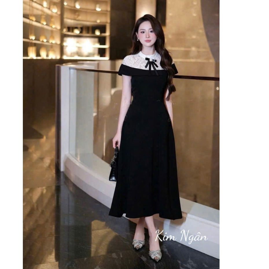 เดรสปาร์ตี้ แม็กซี่เดรสผู้หญิงสุดหรูแขนสั้นและคอปกลูกไม้มีโบว์ สุดเก๋ ถาม273