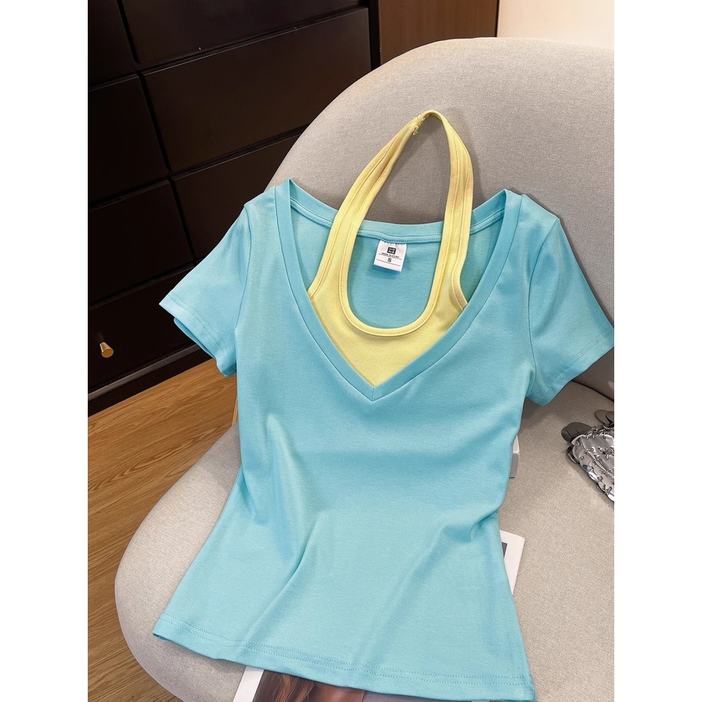 เสื้อเชิ้ตแขนสั้นฤดูร้อนสีเขียวมิ้นต์คอวีดีไซน์เฉพาะสองชิ้น