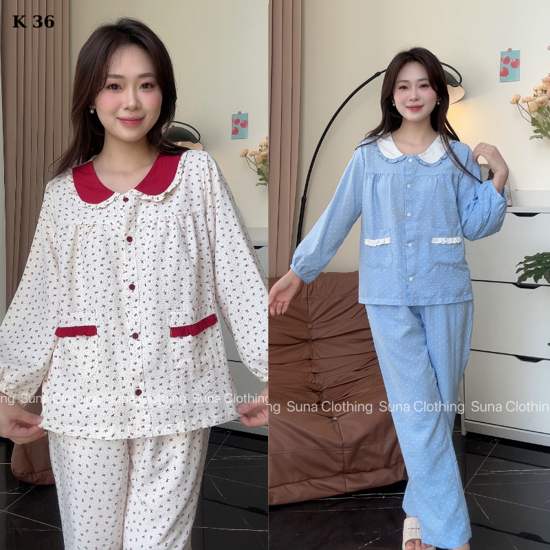 K36 Home Wear ชุดนอน วัสดุผ้าลินินเชื่อม แขนหลวม กางเกงคอปก - นุ่ม สบาย