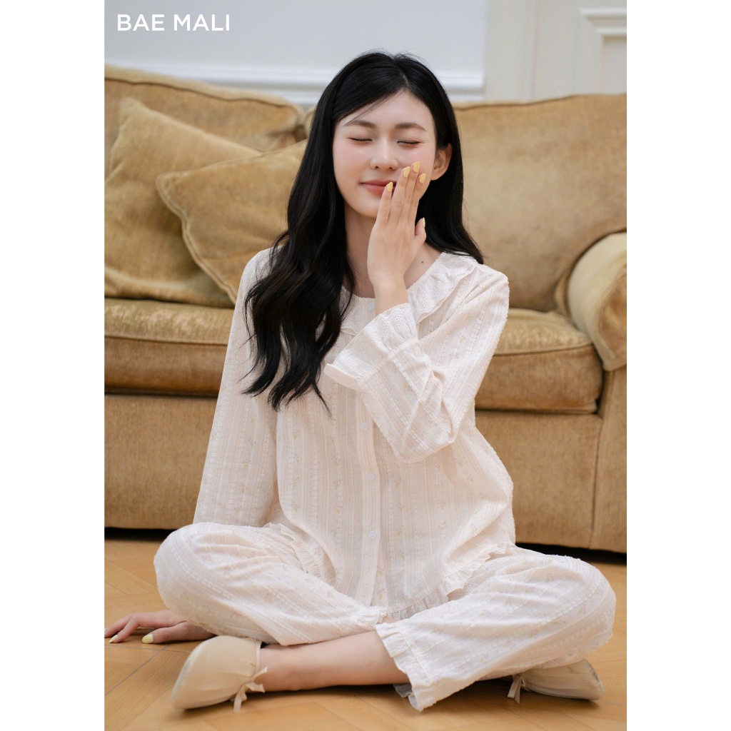 BAE MALI - SP986 เดรสบ้านแขนยาวคอปกลูกไม้และกางเกงลายดอกไม้
