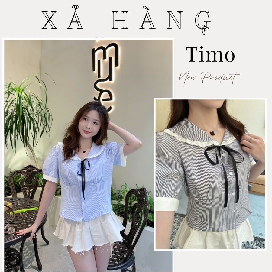 Timo เสื้อเชิ้ตผู้หญิงคอปกโบว์บัวน่ารัก แขนสั้นลายทางสไตล์เกาหลี AOT027