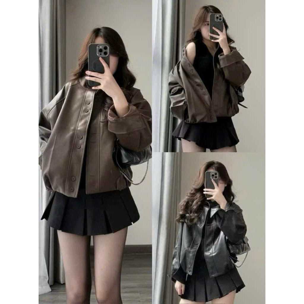 [ก0.248] เสื้อแจ็คเก็ตหนังแขนยาวและกระดุมคู่ด้านหลัง 2 ชั้น