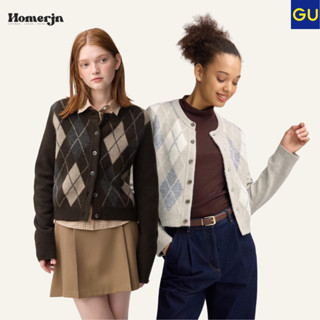 มีจําหน่าย - [GU JAPAN] Puff Knit Argyle Crew Neck Round Nec…