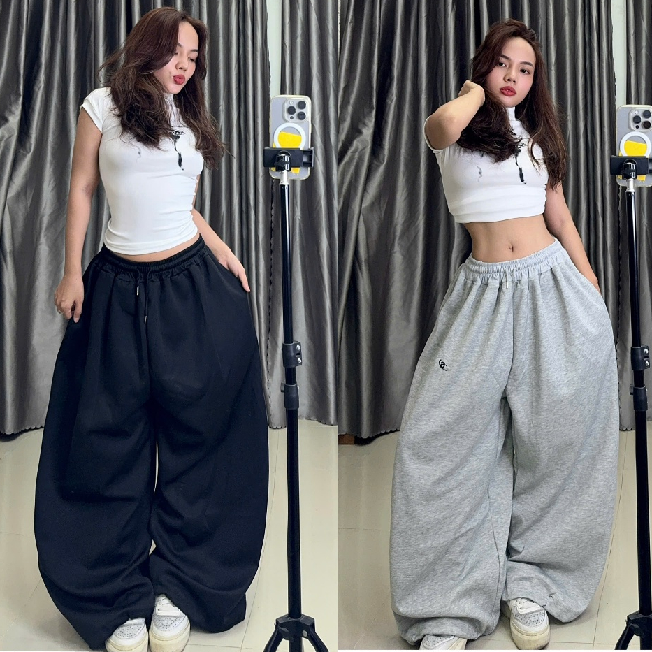 กางเกงผ้าฟลีซขากว้างสําหรับผู้ชายและผู้หญิงสไตล์สตรีทพร้อมขาเชือกรูด 2 สี สีดําและสีเทา MI STORE