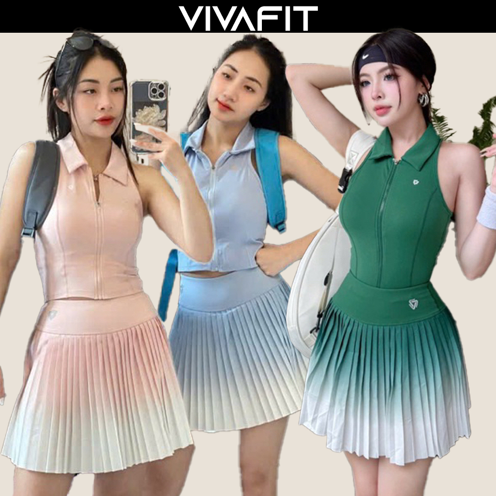 ชุด Pickleball ผู้หญิง VIVAFIT GRA-LEAF พร้อมกระโปรงบาน Cosleaf ผสมเสื้อกล้าม Cosleaf ยืดหยุ่นเย็น