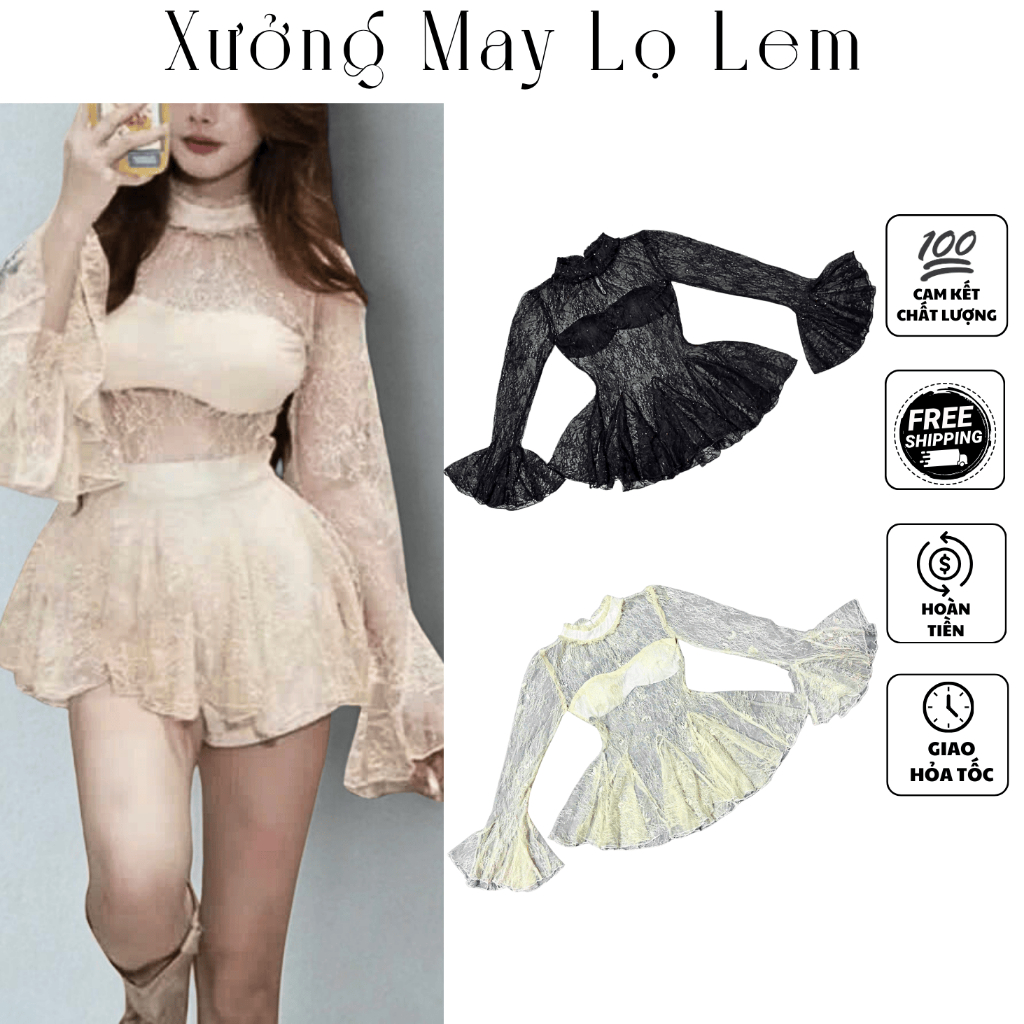 SA (HCMC EXPRESS) เสื้อลูกไม้ปักเลื่อม คอเต่าแขนบานพร้อมแผ่นรองหน้าอก (ถ่ายจริงจากร้าน) K6505_XUONGM