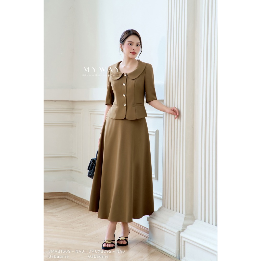 Gabadene สีน้ําตาลผู้หญิงชุดเสื้อกั๊กรอบคอ Elegance MY WAY Elegant Flared กระโปรง 3MVB1569 3MCXB292