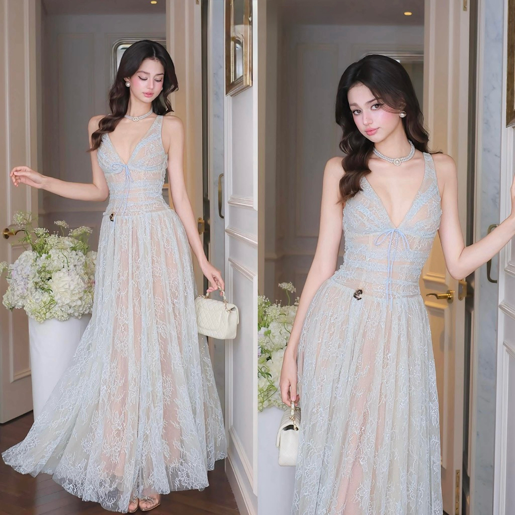 แม็กซี่เดรสลูกไม้ 2 สายหรูคอปกบาน-HKT2T-Store