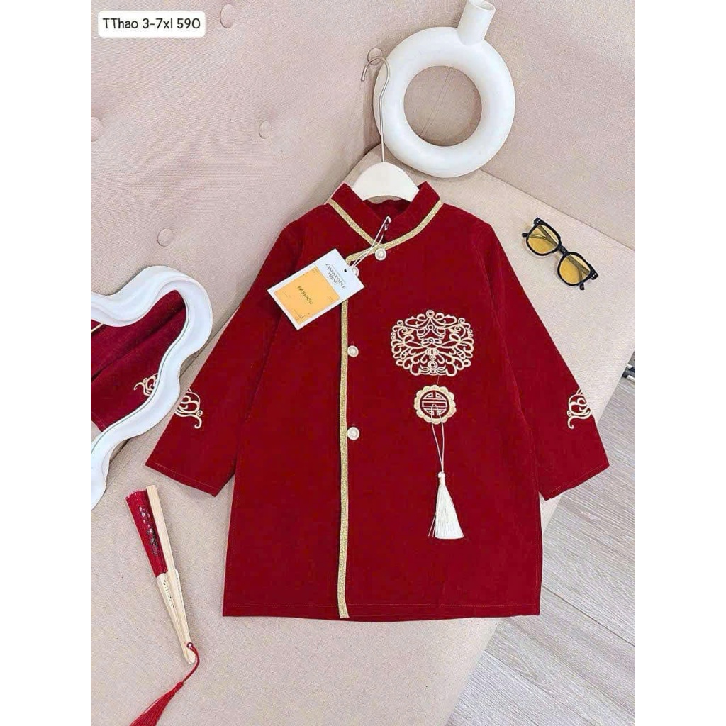 นวัตกรรม Ao Dai สําหรับเด็กผู้ชาย กํามะหยี่เคลือบคุณภาพสูง ดีไซน์ตั้งได้ ลายนูนปักอย่างพิถีพิถัน ขนา