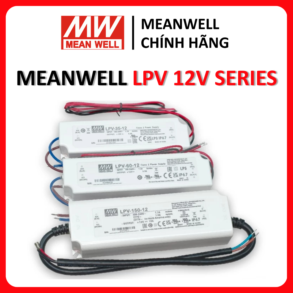 Meanwell LPV-20-12, LPV-35-12, LPV-60-12, LPV-100-12, LPV-150-12 IP67 กันน้ํา 12V Led แหล่ง