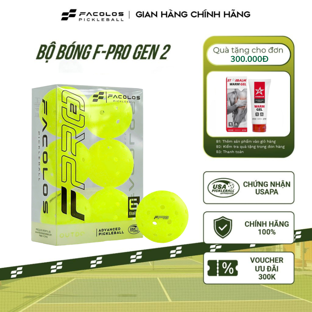 Facolos F-Pro Gen 2 Performance Competition Standard Pickleball 40 หลุมพร้อมเส้นผ่านศูนย์กลาง 74 มม.