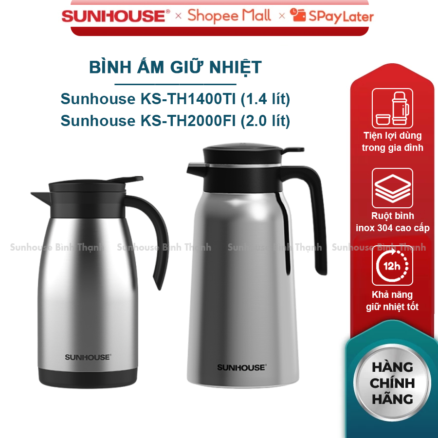 Sunhouse 304 กระติกน้ําร้อนสแตนเลส KS-TH1400TI, KS-TH2000FI ความจุ 1 ลิตร 1.4 ลิตร 2 ลิตร