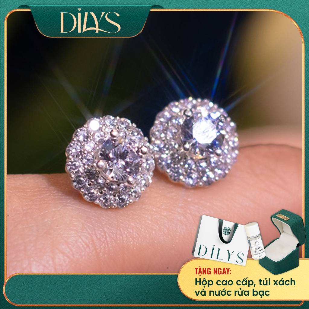 ต่างหูสําหรับผู้หญิง | จานเพชรเต็มพร้อมหิน 2 ชั้น | เงินอิตาลีนําเข้า100% | หรูหราสวมใส่บนผิวกระจ่าง