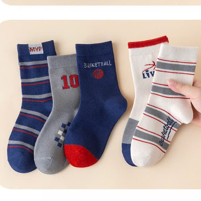 ชุดถุงเท้าบาสเก็ตบอลสําหรับเด็กผู้ชาย 5 คู่ คอเต่าผ้าฝ้ายหนาแถบแข็งแรง