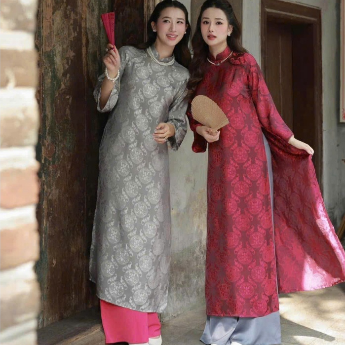 Ao dai Set ดีไซน์ 2 สี เสื้อเชิ้ตผ้า qc คอปกคอเต่าแขนสั้นลาย รวมกับกางเกงทรงตรงกํามะหยี่เนื้อนุ่ม - 