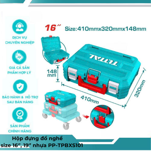 กล่องเครื่องมือ กระดานกลิ้ง ล็อคพลาสติก PP ขนาด 16 พลาสติก PP 19 TOTAL - TPBXS101 - TPBXS102