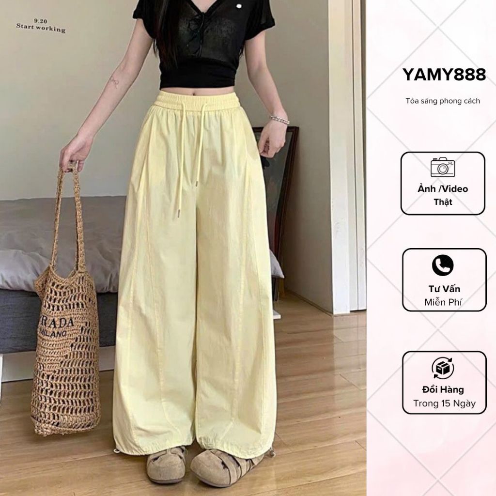 กางเกงขากว้างผู้หญิงเอวยางยืด Drawstring Basic สีทึบ Easy to Coordinate M9202 - Yammy888