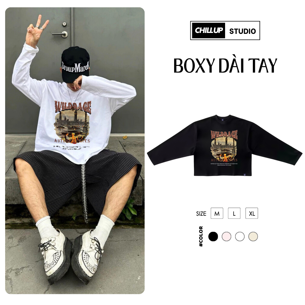 เสื้อยืดคอกลมแขนยาว Boxy พิมพ์ Wildrage โดย CHILLUP STUDIO BST89 ผ้าฝ้ายยืด 4 ทิศทางนุ่มสําหรับผู้ชา