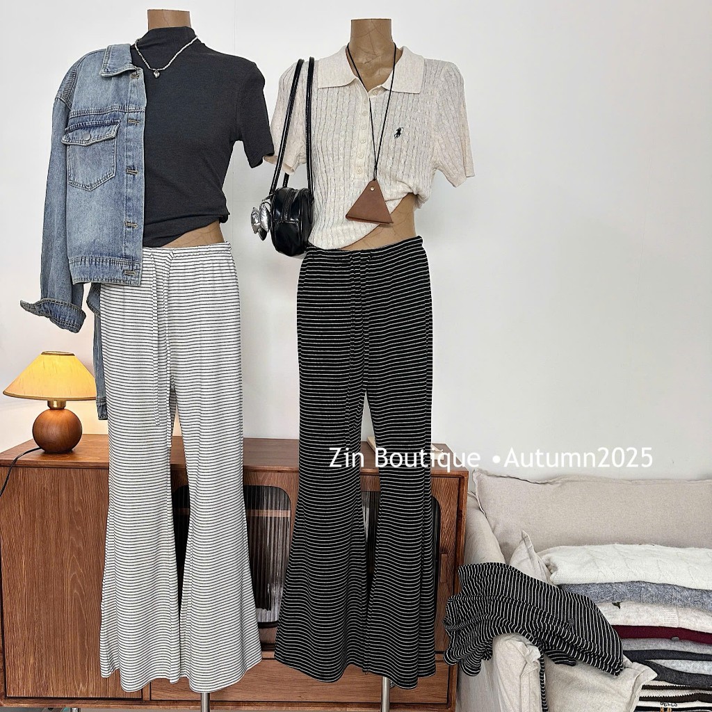 กางเกงสักหลาดบานลายเกาหลี2892