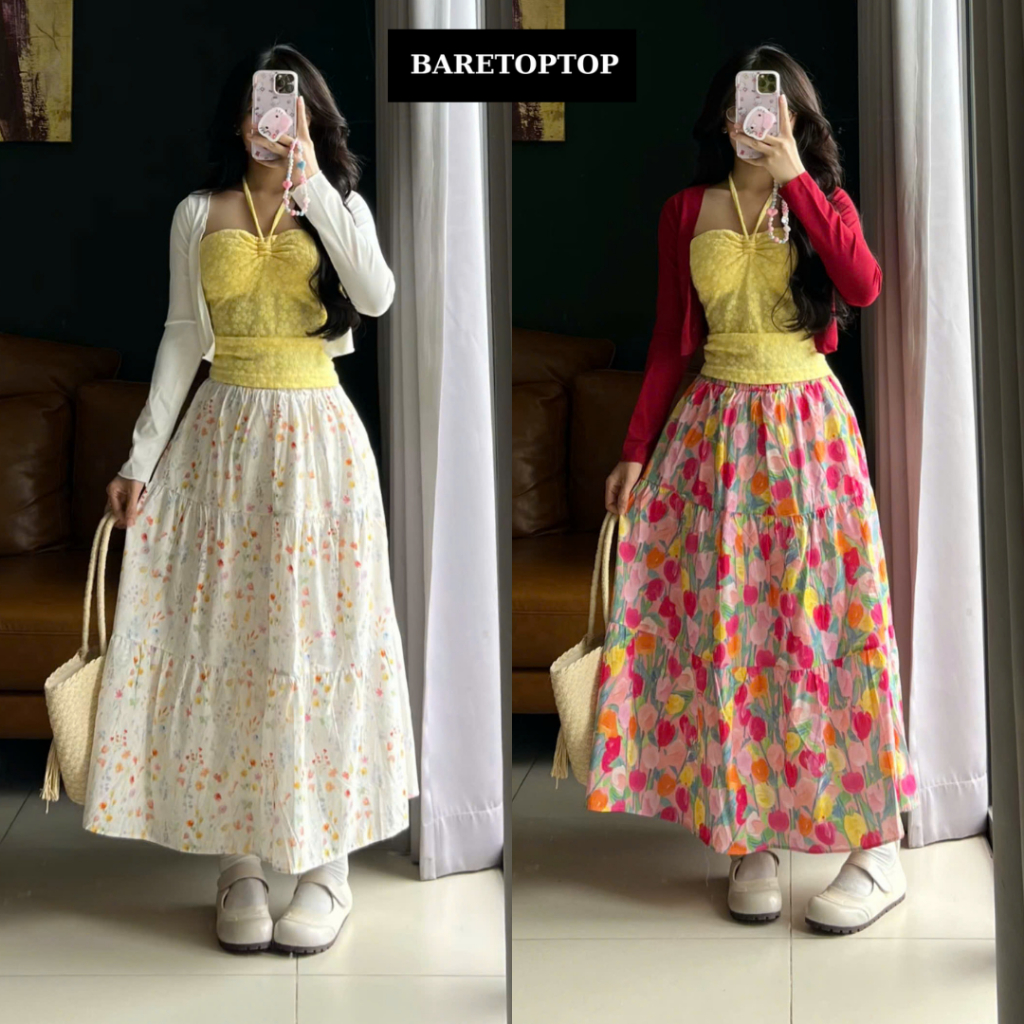 BARETOPTOP_A-Line กระโปรงดอกไม้เอวอ้วน, กระโปรงหยาบลายดอกไม้วินเทจยาวพร้อมซับใน_CV120