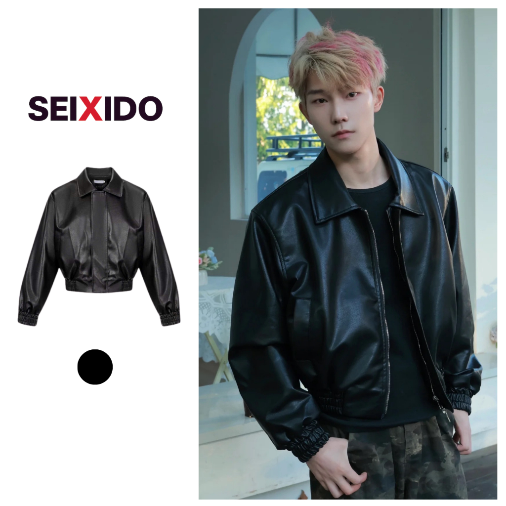 Seixido Mens boxy Leather Jacket, crop top bomber Leather Jacket with elastic band, soft and smooth 
