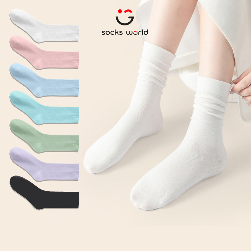 SOCKSWORLD ถุงเท้าผู้หญิงคอปกสูงนุ่มสีทึบถุงเท้าแฟชั่นสไตล์เกาหลีสําหรับผู้หญิง - SWF406