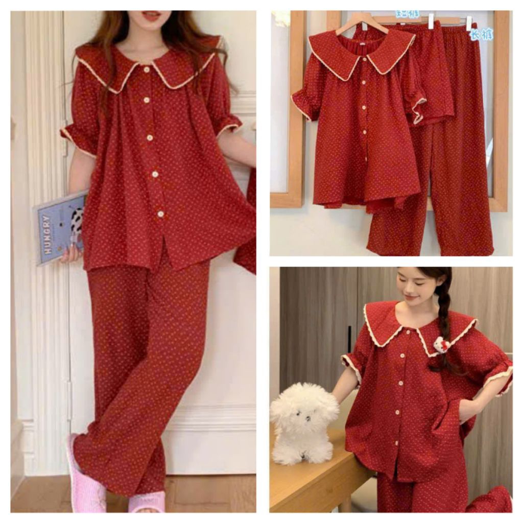 PYJAMA SET WITH ROLLED SLEEVES AND LONG PANTS WITH RED POINTED COLLAR WITH FLOWERS, SOFT AND COOL