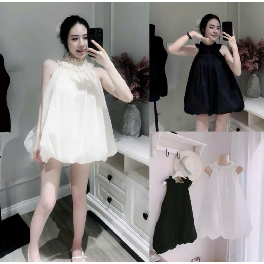 ชุดเดรสผู้หญิงผ้าไหมเทียน 2 สีน่ารัก, ชุดเดรสคล้องคอแขนกุดบาน babydoll พร้อมกางเกงแบบถอดได้น่ารักสํา