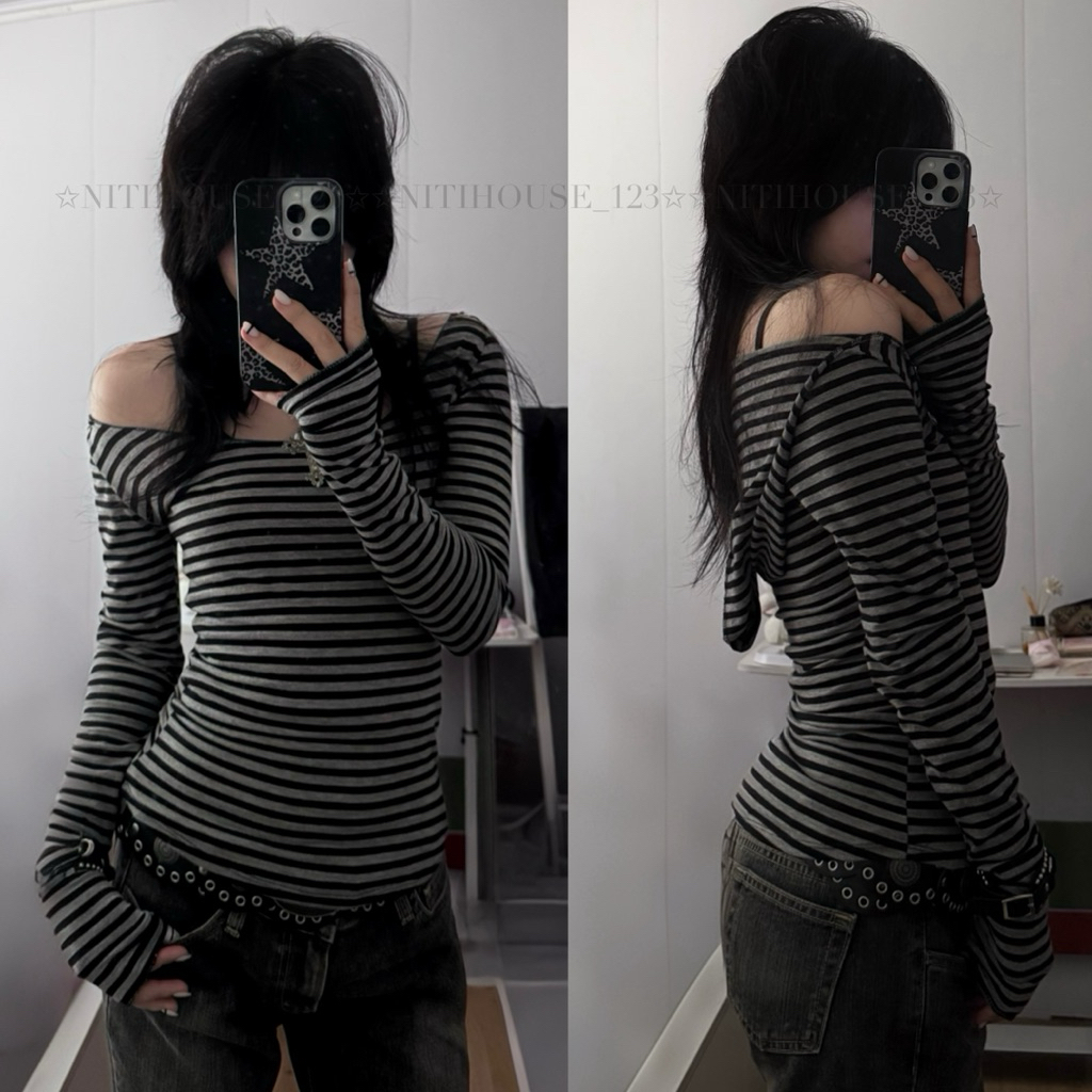 [ใหม่] เสื้อเชิ้ตแขนยาวลายทาง y2k พังก์ / หมวกสไตล์ emo