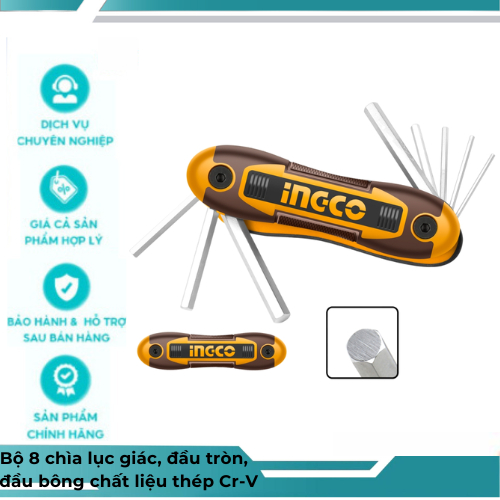 ชุดกุญแจหกเหลี่ยม 8 ตัว หัวกลม หัวผ้าฝ้ายทําจากเหล็ก Cr-V INGCO - HHK14081-HHK14082-HHK14083