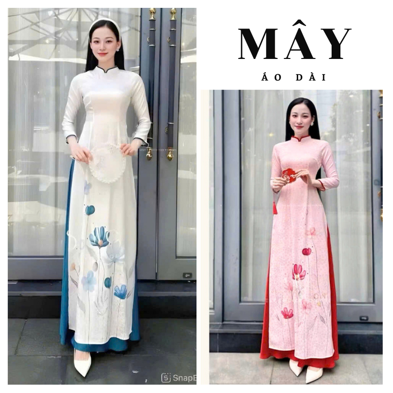 Ao Dai สําหรับผู้หญิงแบบดั้งเดิม ผ้าพิมพ์ลายดอกไม้ คอปกอ่อนเยาว์ - Nha May Ao Dai
