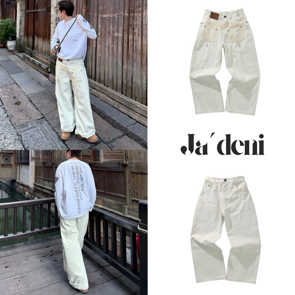 [JEAN REVERSE JADENI HOST ] WIDE-TUBE STRAIGHT RISE WITH JADENI HOST LOGO EMBROIDERED - CLASSIC PATT