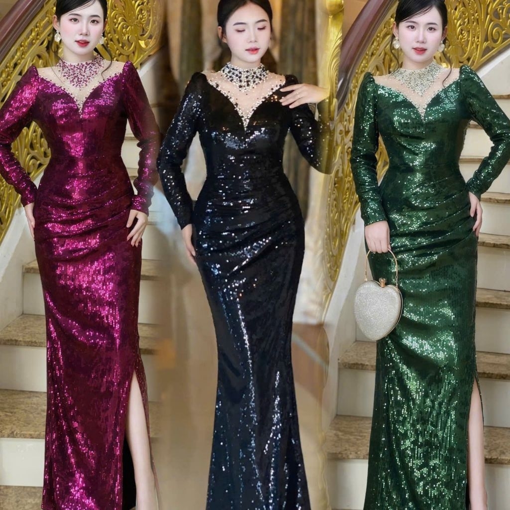 SA ชุดราตรีประดับเลื่อมแขนยาวคอปก tko