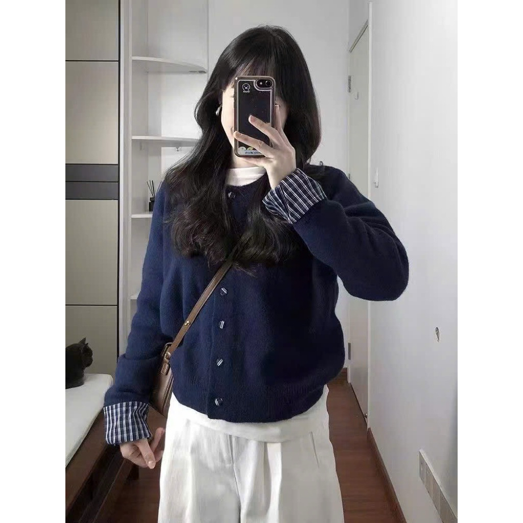 เสื้อคาร์ดิแกนคอกลมแขนลายตารางหมากรุกสไตล์เกาหลีสําหรับผู้หญิง QCCC-TD173