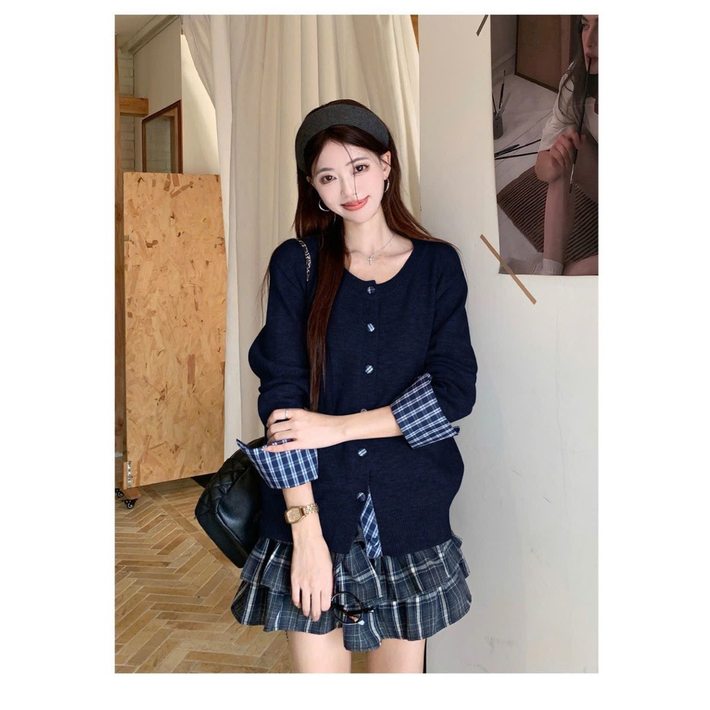 เสื้อแจ็คเก็ต Cadigan แขนลายตารางหมากรุกสําหรับผู้หญิงฤดูใบไม้ร่วงและฤดูหนาวสินค้า QCCC-TD173