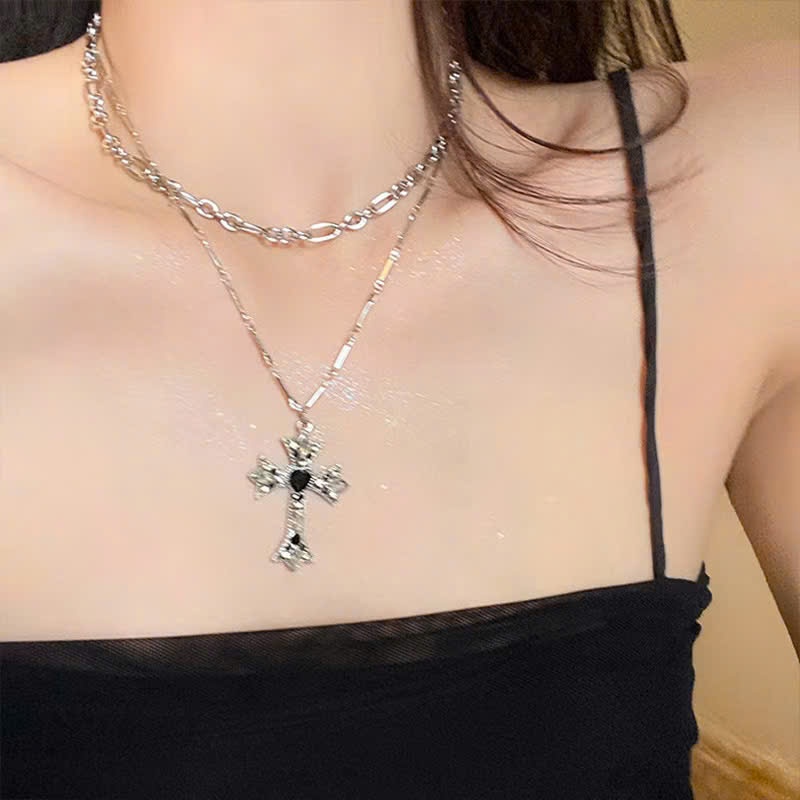Y2K Hot Trend Y2K Style Double Layer Cross Necklace with Black Stone VC033