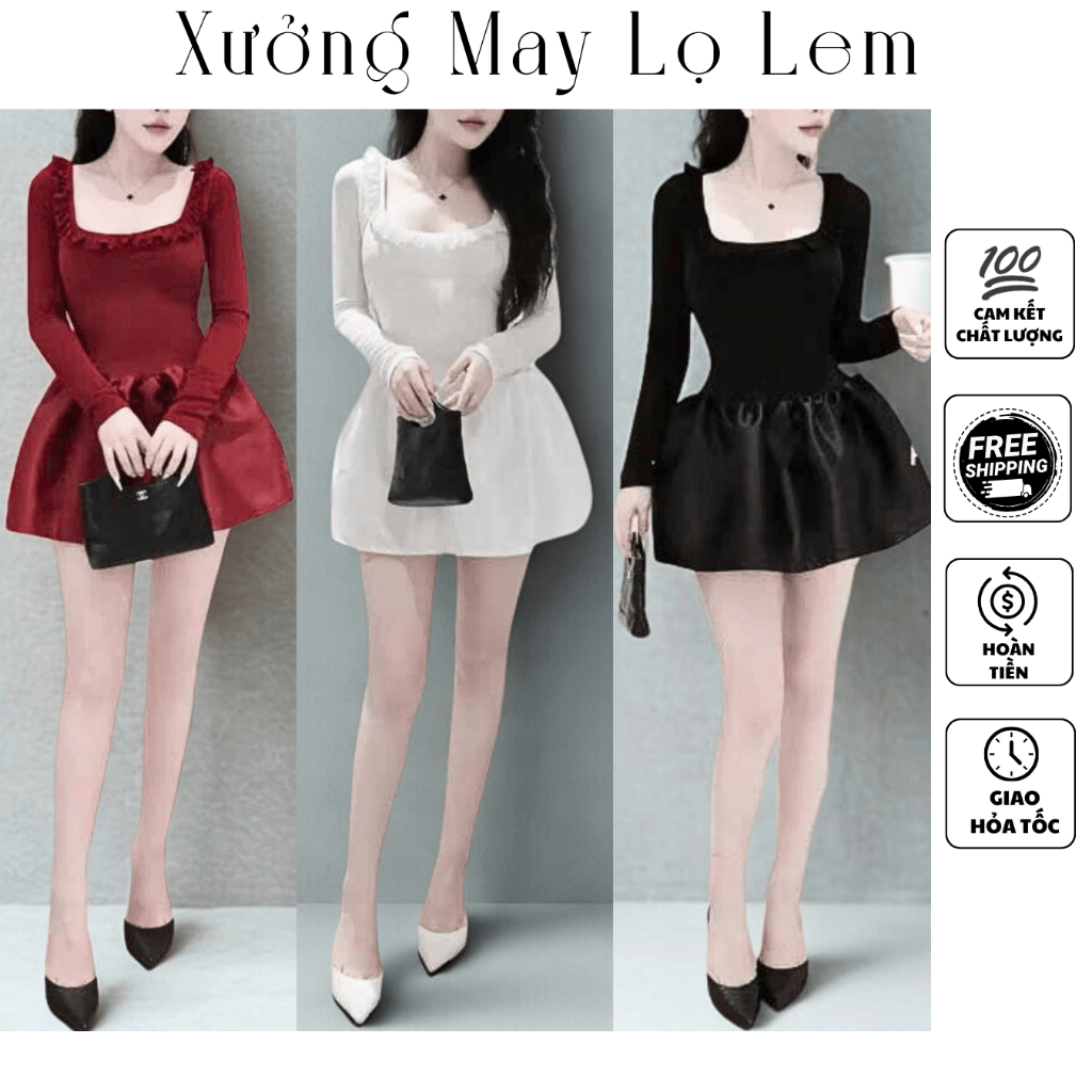 (HCMC EXPRESS) ชุดเดรสดีไซน์จับจีบคอ U และแขนบานยาว K5946_XUONGMAYLOLEM